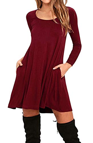 BOFETA Damen Basic Minikleid Rundhalsausschnitt Kleid Mit Tasche Langarm Kleid Weinrot 4XL von BOFETA