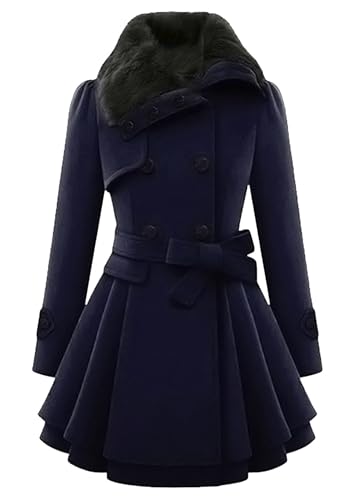 BOFETA Damen Stilvoller Revers Warmer Trenchcoat Mode Kunstpelz Revers Zweireihiger Dicker Wollmischung Trenchcoat Mit Gürtel Navyblau XL von BOFETA