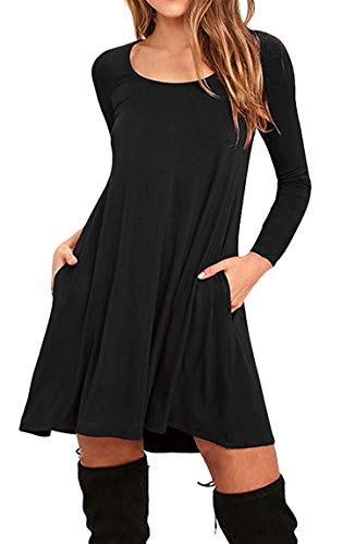 BOFETA Damen T-Shirt Kleid Slim Fit Tunika Kleid Mit Tasche Langarm Kleid Schwarz XXL von BOFETA