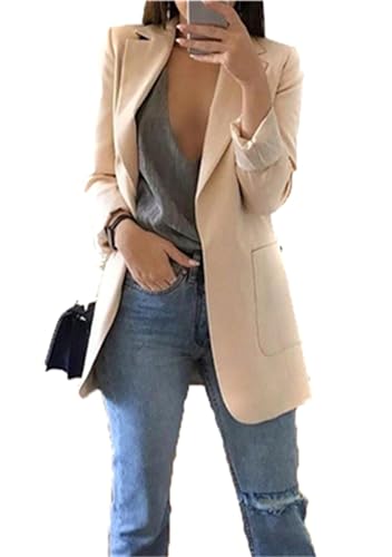 BOFETA Damen Volltonfarbe Blazer Anzug Offene Front Strickjacke Langarm Casual Arbeit Büro Blazer Jacke Mit Taschen Aprikose M von BOFETA
