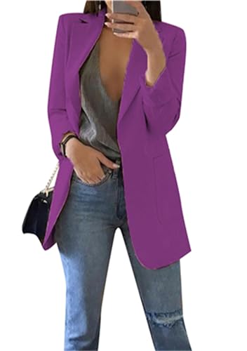 BOFETA Damen Volltonfarbe Offene Vorderseite Blazer Reverskragen Langarm Büro Jacke Arbeit Strickjacke Mit Taschen Plus Größe Lila M von BOFETA