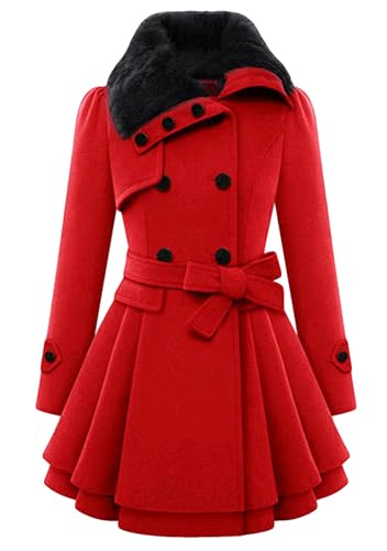 BOFETA Damen Winter Trenchcoat Zweireiher A-Linie Erbsenmantel Kunstpelz Revers Jacke Langarm Jacken Mittellanger Mantel übermantel Rot S von BOFETA