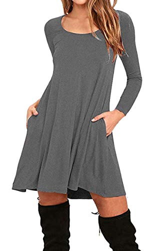 BOFETA Damen Mini Kleid Langarm Kleid Casual Pocket Kleid Grau L von BOFETA