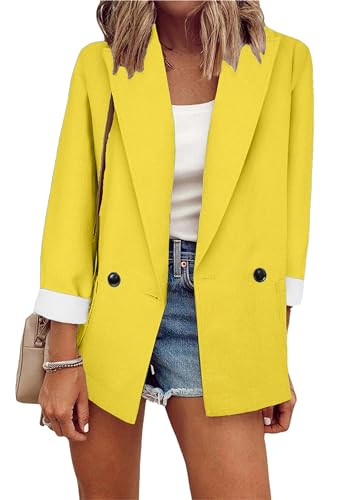 BOFETA Frauen Cropped Button Front Casual Elegant Blazer Anzug Frühling Herbst Bequeme Taschen Langarm Blazer Gelb XL von BOFETA