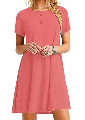 BOFETA Frauen Dünn Plain Rundhals Urlaub Urlaubskleid Polyester Bequeme Casual Home Kleid Koralle M von BOFETA