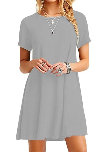 BOFETA Frauen Kurzarm Swing Flowy Retro Mode Sundress Rundhals Trendy Simple Style Mini Kleid Hellgrau S von BOFETA