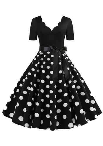 BOFETA Frauen Kurze Ärmel Sommer Casual Gingham Kleid Polka Dot Retro Vintage Style Kleid Schwarz XXL von BOFETA