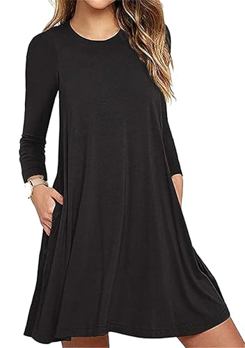 BOFETA Damen Frühling Tunika Langarm Kleid Mit Tasche T-Shirt Kleid Schwarz XL von BOFETA