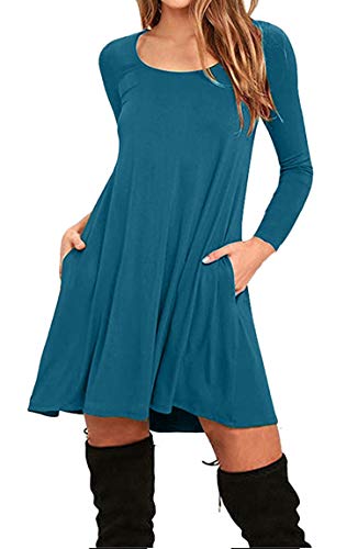 BOFETA Damen Rundhalsausschnitt Kleid Langarm Kleid Legeres Taschenkleid Türkis XL von BOFETA