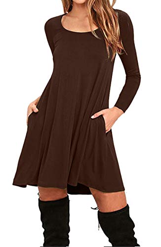 BOFETA Damen Langarm Kleid Casual Pocket Kleid Rundhalsausschnitt Kleid Kaffee XL von BOFETA