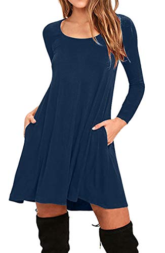 BOFETA Damen Swing Kleid Langärmliges Freizeitkleid Mit Tasche Rundhalsausschnitt Kleid Marineblau XL von BOFETA