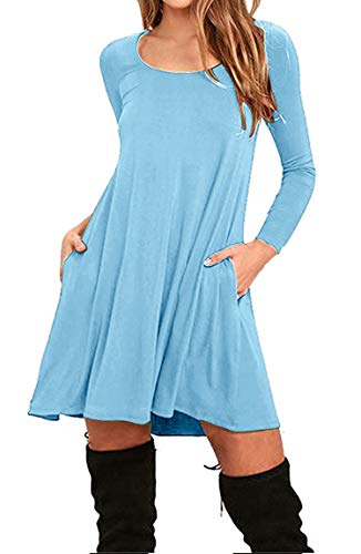 BOFETA Damen Langärmeliges Kleid Freizeitkleid Mit Tasche Kleid T-Shirt Kleid Himmelblau S von BOFETA