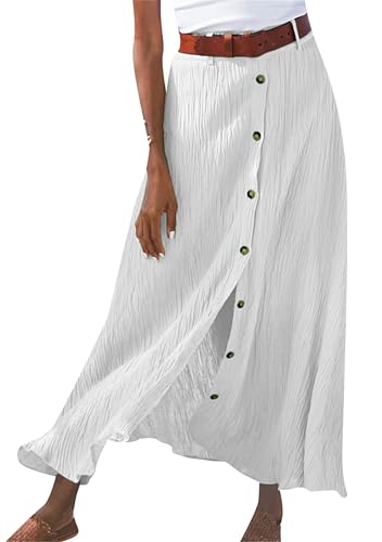 BOFETA Frauen Leinenrock Mit Knopfleiste Geschlitzt Lässiger Rock Blumenfaltenrock Langer Rock Weiß L von BOFETA