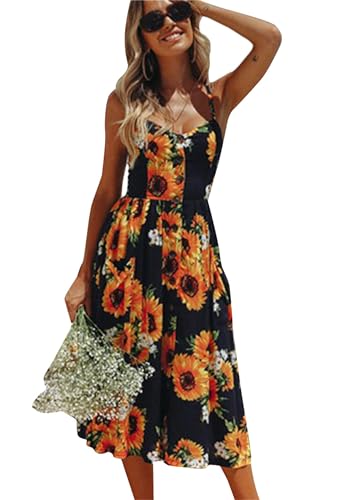 BOFETA Sommer Bedrucktes Spaghettiträger Midikleid Für Frauen Mode Ärmelloses Button Down Midikleid Büro Arbeit Midikleid Sonnenblume XXL von BOFETA