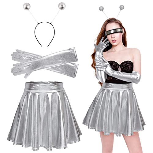 3pcs Alien Kostüm Set Cosplay Metallic Glitzer Outfits Damen Metallischer Faltenrock + Alien Haarreif + Metallic Handschuhe 80er Festival Kostüm Set Silber L von BOFUNX