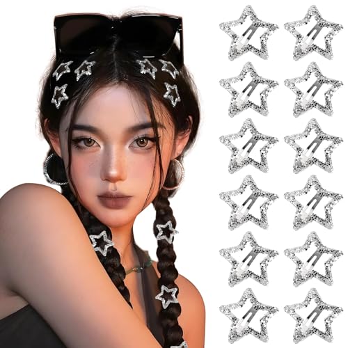 BOFUNX 12 Stücke Stern Haarspangen Silber Pailletten Y2K Haarschmuck Pentagramm Hair Clips für Mädchen und Frauen, 3cm von BOFUNX
