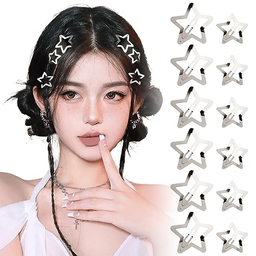 BOFUNX 12 Stücke Stern Haarspangen Silber Y2K Haarschmuck Pentagramm Hair Clips für Mädchen und Frauen, 2 Größe 3cm 4cm von BOFUNX