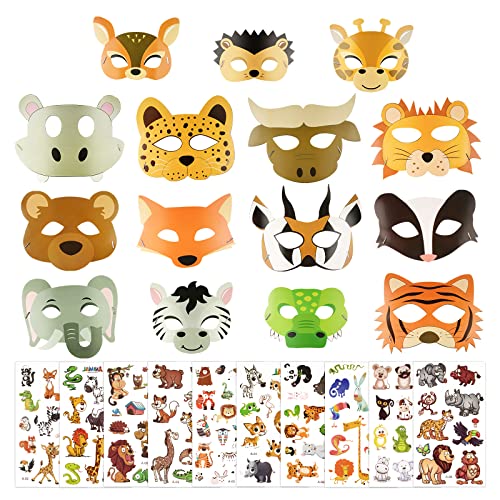 BOFUNX 15 Stück Tier Masken + 10 Blatt Tattoos Kinder Party Masken Tiermasken zum Dschungelsafari Thema Masken Geburtstag Halloween Cosplay Party von BOFUNX