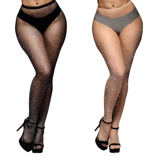 BOFUNX 2 Paar Damen Netzstrumpfhose Strass Strumpfhose glitzer Netzstrumpfhose mit Strasssteinen Frauen Netzstrumpfhose engmaschig für Festival Neujahr Fasching Party von BOFUNX