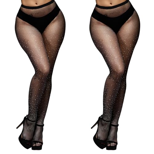 BOFUNX 2 Paar Damen Netzstrumpfhose Strass Strumpfhose glitzer Netzstrumpfhose mit Strasssteinen Frauen Netzstrumpfhose engmaschig für Festival Neujahr Fasching Party von BOFUNX