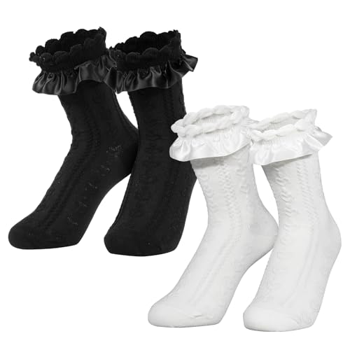 BOFUNX 2 Paar Damen Rüschen Socken mit Satin Spitze Weiße Rüschen Prinzessinnen Socken Knöchelsocken Ballettsocken für Weihnachten Fasching Karneval Mottoparty Oktoberfest von BOFUNX