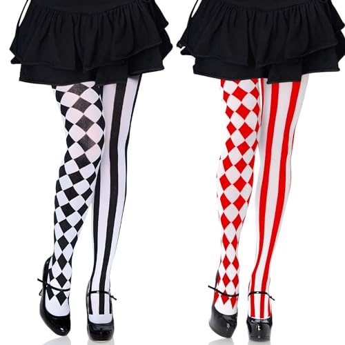 BOFUNX 2 Paar Damen Strumpfhose Gestreift und Karomuster, Clown Strumpfhose für Fasching Karneval Mottoparty von BOFUNX