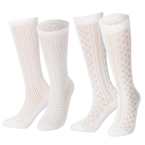 BOFUNX 2 Paar Damen Trachtenstrümpfe Trachten Kniestrumpfe Weiß Lange Trachten Überkniestrümpfe Dirndlstrümpfe Socken für Oktoberfest Fasching Karneval Mottoparty von BOFUNX