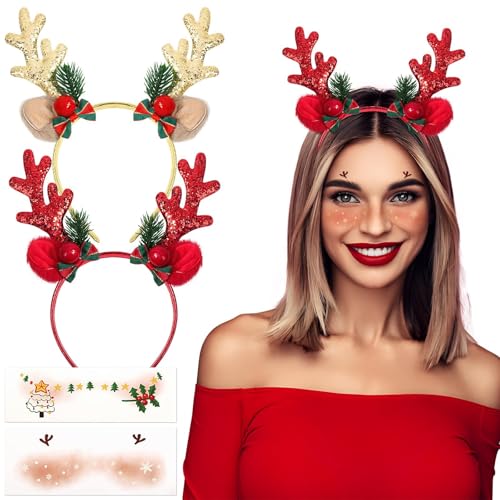 BOFUNX 2 Stücke Geweih Haarreif Weihnachten Rentier Haarreif + 2pcs Gesicht Tattoos für Weihnachten Neujahr Karneval Party Fotorequisiten von BOFUNX