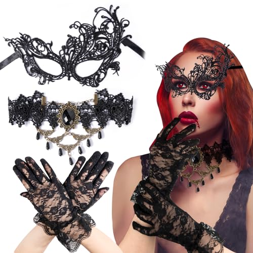 BOFUNX 3 Stück Halloween Gothic Schmuck Set Spitze Maske Choker Netzhandschuhe Steampunk Kostüm Dame Halloween Karneval Kostüm Accessoires von BOFUNX