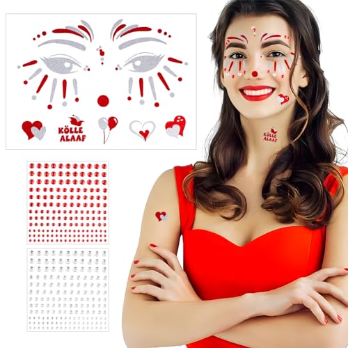 BOFUNX 3 Stücke Karneval Gesichtstattoo Klebetattoos Kölle Alaaf Strasssteine Sticker für Köln Karneval Mottoparty Halloween Cosplay von BOFUNX