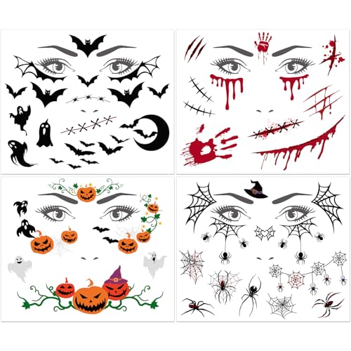 BOFUNX 4 Stücke Halloween Gesichtstattoos Fledermaus Spinne Blutfleck Kürbis Gesicht Aufkleber Temporär Tattoos für Halloween Karneval Cosplay von BOFUNX