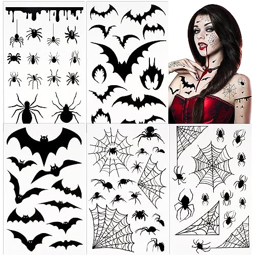 BOFUNX 5 Blätter Fledermaus Spinne Temporäre Tattoos Spinnennetz Gesichts Tattoo Aufkleber Spinnen Tattoos für Halloween Cosplay Makeup Gruselparty von BOFUNX