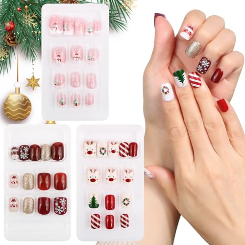 BOFUNX 72 Stücke Weihnachten Nägel Zum Aufkleben Kurz Rot Künstliche Nägel Schneeflocke Weihnachtsmann Rentier Weihnachtsbaum Falsche Nägel Festival Fake Nails für Frauen und Mädchen von BOFUNX