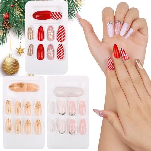 BOFUNX 72 Stücke Weihnachten Nägel Zum Aufkleben Rot Silvester Künstliche Nägel Schneeflocke Linien Pailletten Falsche Nägel Mittel Festival Fake Nails für Frauen und Mädchen von BOFUNX