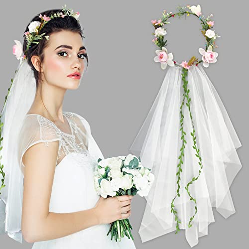 BOFUNX Blumenkranz Haare mit Schleier Blumenkrone Hochzeit Blumen Haarreif Damen Haarband Haarschmuck für Hochzeit JGA Party von BOFUNX
