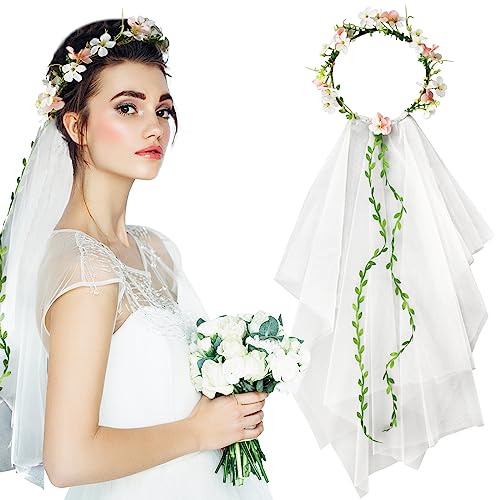 BOFUNX Blumenkranz Haare mit Schleier Blumenkrone Hochzeit Blumen Haarreif Damen Haarband Haarschmuck für Hochzeit JGA Party von BOFUNX