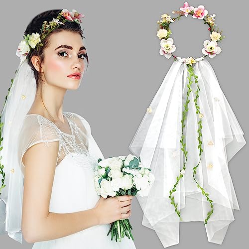 BOFUNX Blumenkranz Haare mit Schleier Blumenkrone Hochzeit Blumen Haarreif Damen Haarband Haarschmuck für Hochzeit JGA Party von BOFUNX