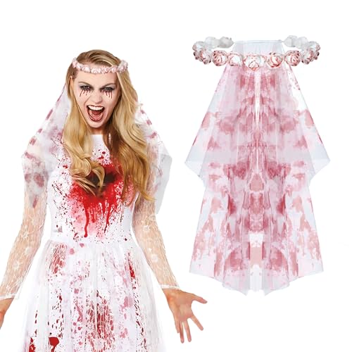 BOFUNX Blutiger Brautschleier mit Rosen, Damen Halloween Haarschmuck Blutschleier Blutige Braut Horror Kostüm Karneval Maskerade Cosplay von BOFUNX