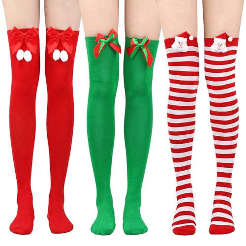 BOFUNX Damen 3 Paar Weihnachten Kniestrümpfe Mit Schleife Overknee Strümpfe Rot Weiß Gestreift für Cosplay Party von BOFUNX