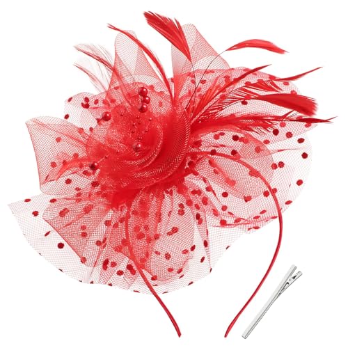 BOFUNX Damen Fascinator Hut Blume mit Rot Schleier Federn Blumen Mesh Stirnband Clip Kopfschmuck für Party Kirche Cocktail Fasching Karneval von BOFUNX