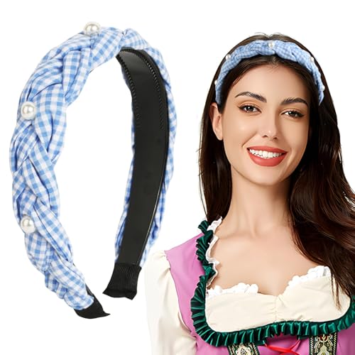 BOFUNX Damen Haarreif Kariert geflochten Haarband mit Perlen Stirnbänder Trachten Haarreif Vintage Breit Kopfband Haarschmuck für Oktoberfest Party von BOFUNX