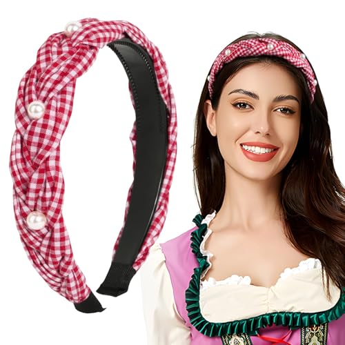 BOFUNX Damen Haarreif Kariert geflochten Haarband mit Perlen Stirnbänder Trachten Haarreif Vintage Breit Kopfband Haarschmuck für Oktoberfest Party von BOFUNX
