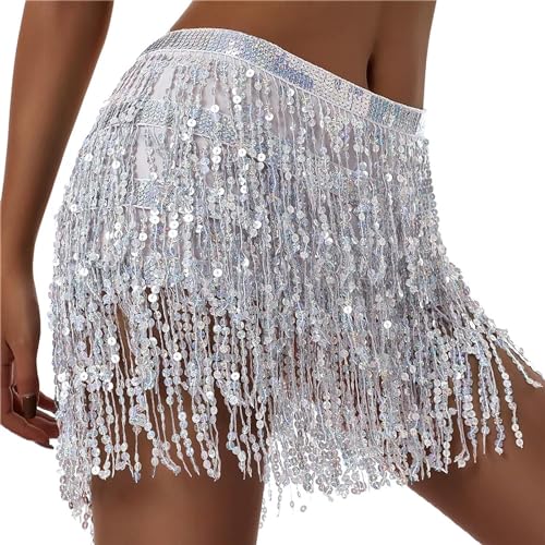 BOFUNX Damen Pailletten Quasten Rock Bauchtanz Hüfttuch Pailletten Mini Glitzer Rock Bauchtanz Kostüm für Silvester Karneval Party von BOFUNX