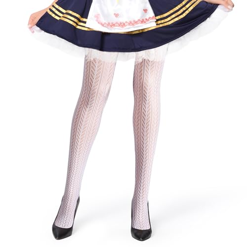 BOFUNX Damen Strumpfhose Weiß/Schwarz Trachten Strumpfhose Bayerische Trachtenstrümpfe Tanzstrumpfhose mit Zopfmuster für Oktoberfest Fasching Karneval Mottoparty von BOFUNX