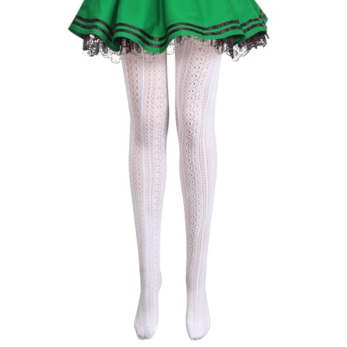 BOFUNX Damen Strumpfhose Weiß/Schwarz Trachten Strumpfhose Bayerische Trachtenstrümpfe Tanzstrumpfhose mit Zopfmuster für Oktoberfest Fasching Karneval Mottoparty von BOFUNX