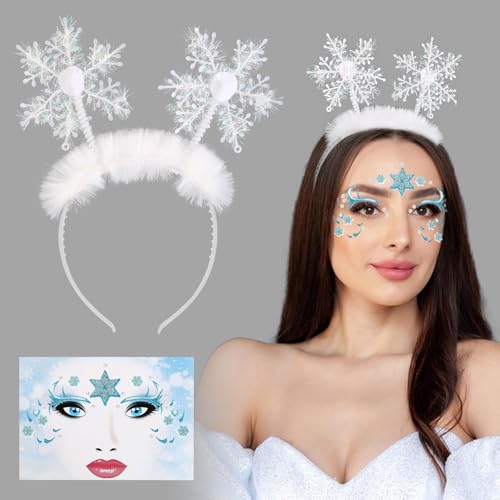 BOFUNX Haarreif mit Schneeflocken Haarband Weihnachten Stirnband + Schneeflocken Gesicht Tattoos Eis Schnee Kostüm Accessoires für Weihnachten Fasching Karneval Mottoparty Cosplay von BOFUNX