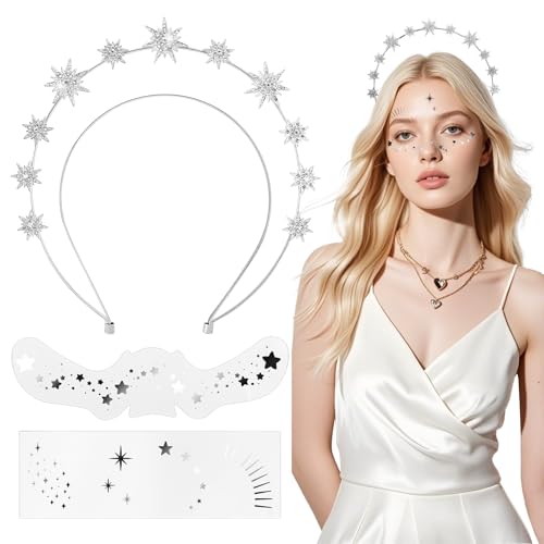 BOFUNX Haarreif mit Stern Strass Haarband doppelschichtig Glitzer Stirnband + 2pcs Sterne Gesicht Sticker Metallic Gesicht Tattoos für Fasching Karneval Musikfestival Party von BOFUNX