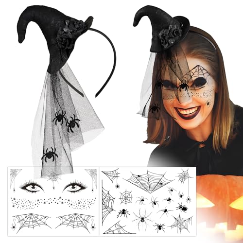 BOFUNX Hexenhut Haarreif mit Schleier + 2pcs Spinnen Tattoos für Halloween Karneval Hexen Kostüm Zubehör von BOFUNX