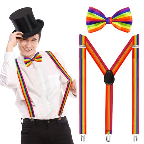 BOFUNX LGBTQ Kostüm Accessories, Regenbogen Hosenträger und Fliege Pride Outfit für Karneval Mottoparty Herren Damen Regenbogen Kostüm Zubehör von BOFUNX