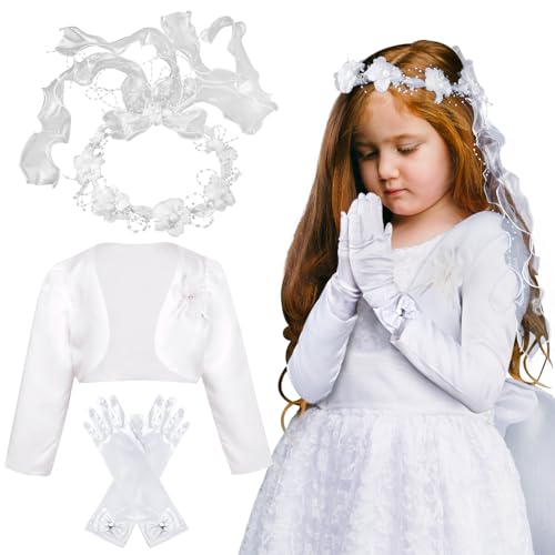 BOFUNX Kommunion Mädchen Bolero Schulterjacke + Kommunion Haarkranz Haarband + Weiße Schleife Handschuhe für Erstkommunion Blumenmädchen Hochzeit 110CM von BOFUNX